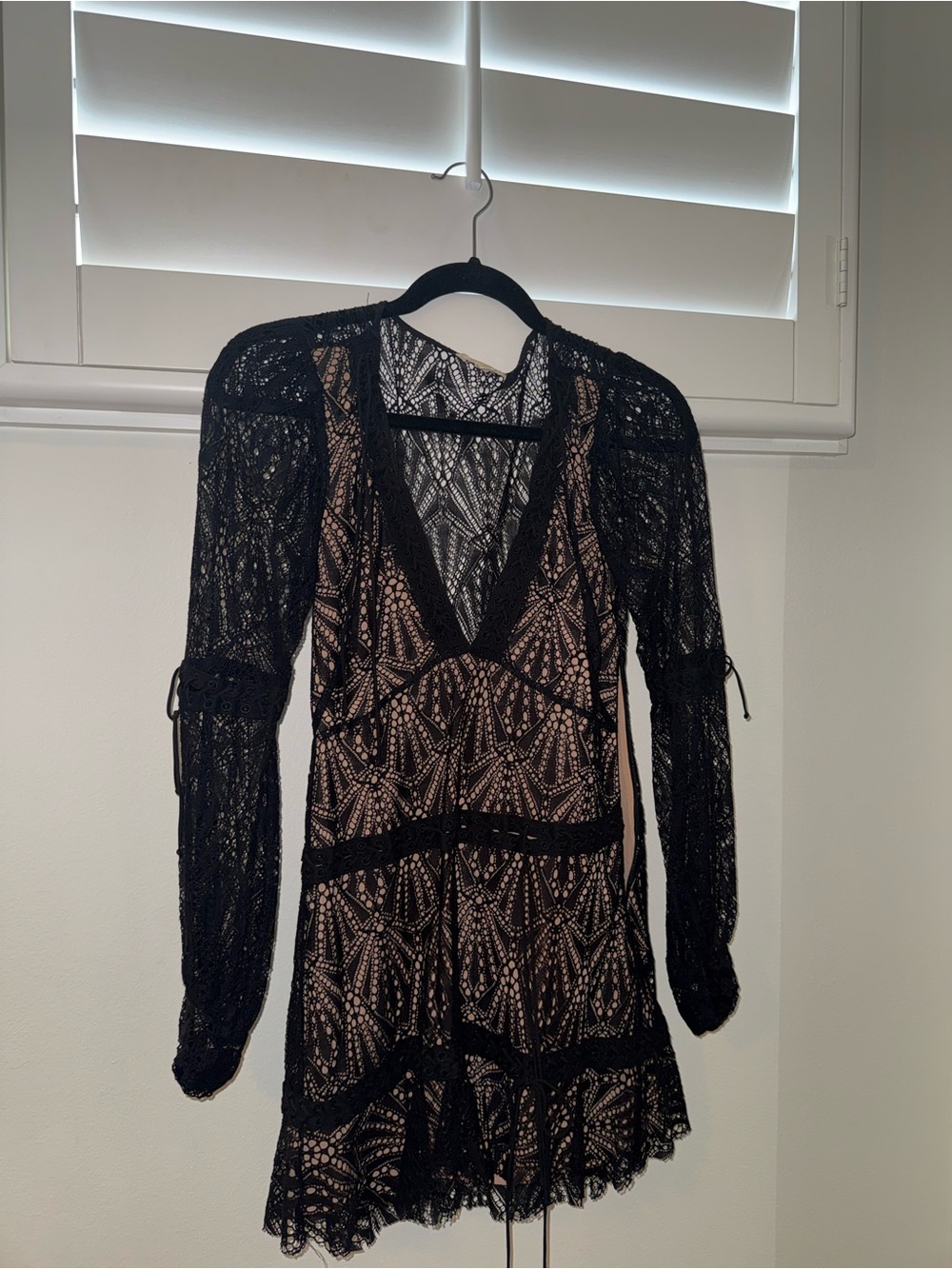 For Love & Lemons Black Lace Long-Sleeve Dress with Nude Underlay